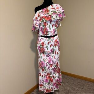 ABERCROMBIE & FITCH Womens Asymmetrical One-Shoulder Ruffle & Smocked midi skirt